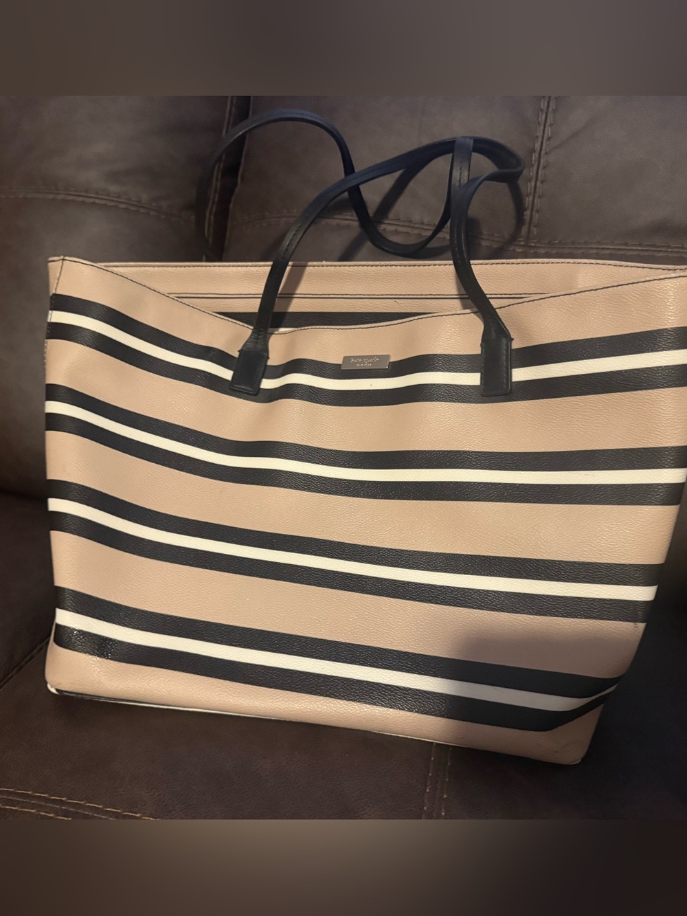 kate spade Beige Striped Tote with Black Handles